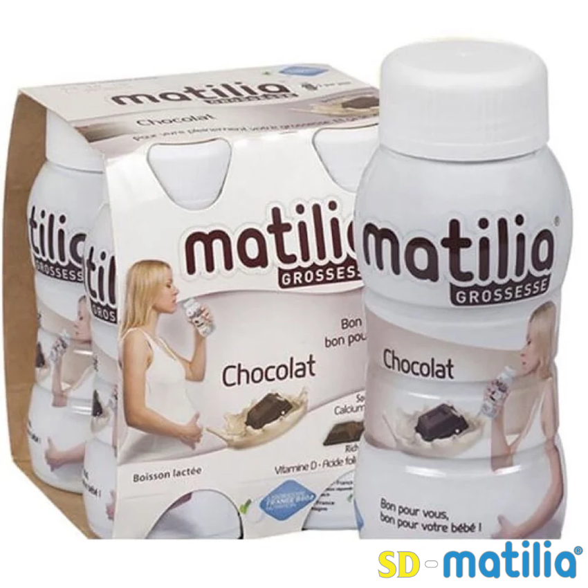 Sữa bầu Matilia Grossesse vị Chocolate được đóng chai 1 lốc 4 chai dễ mua, dễ sử dụng