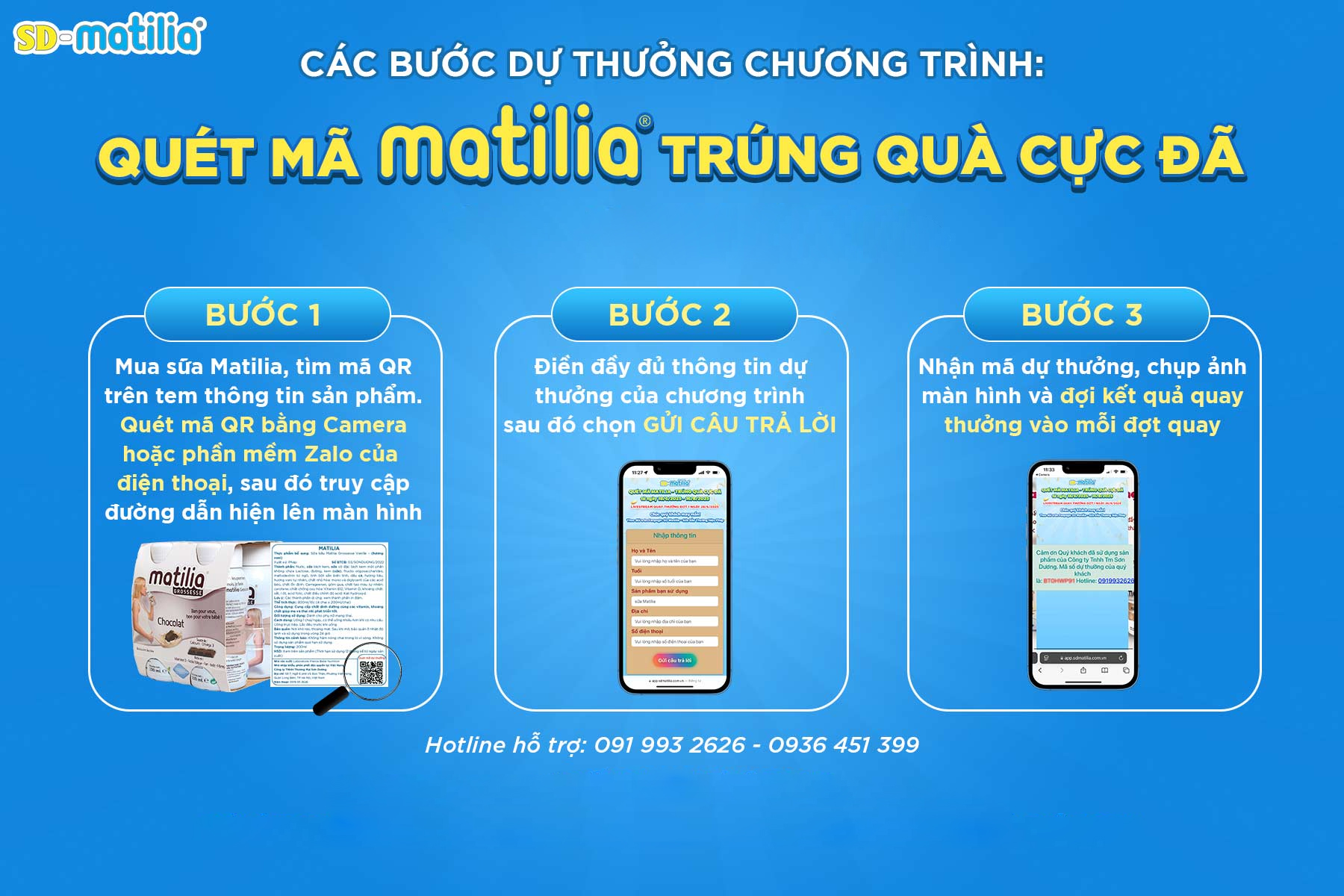 Hướng dẫn quét mã dự thưởng trên mỗi lốc sữa bầu Matilia để tham gia chương trình "Quét mã Matilia - Trúng quà cực đã"